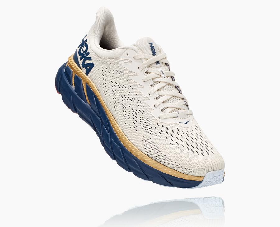 Hoka One One Mens Running Shoes - Clifton 7 - White/Blue - RNJO43192
